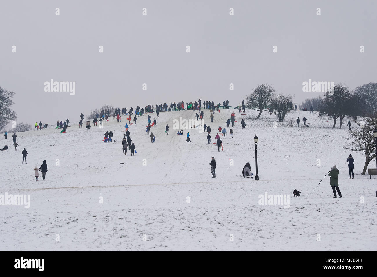 Primrose Hill, London. 2. März, 2018. Menschen Rodeln und Spaß im Schnee in Primrose Hill, London in den späten Nachmittag / Abend. 2. März 2018 Credit: Thomas Bowles/Alamy leben Nachrichten Stockfoto