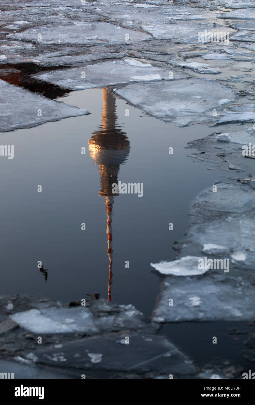 Eine Reflexion der Fernsehturm (Fernsehturm) im gefrorenen Spree in Berlin am 2. März 2018. Reflexion der Vögel sind auch auf dem Foto gesehen. Spree in Berlin hat nach vielen Jahren in Deutschland eingefroren. Stockfoto