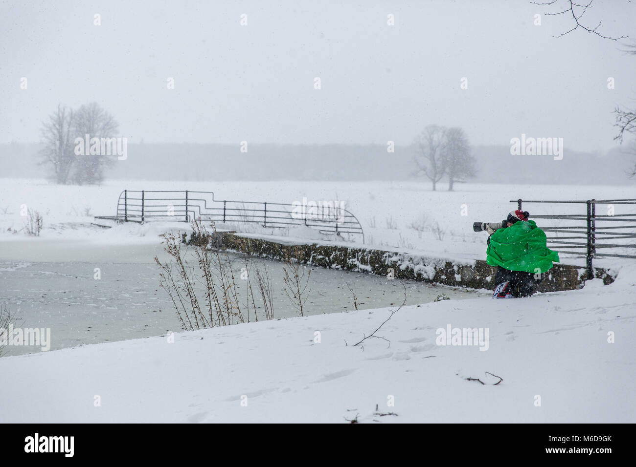 Celbridge, Kildare, Irland. 02 Mär 2018: der Mann, der Fotograf mit Canon Ausrüstung fotografieren im Schnee Castletown Park in Celbridge abgedeckt. Tier aus dem Osten durch Sturm Emma brachte Schnee und starkem Wind lähmt das Land und zwingen die Met Éireann die rote Warnmeldung über Irland zu erteilen. Stockfoto