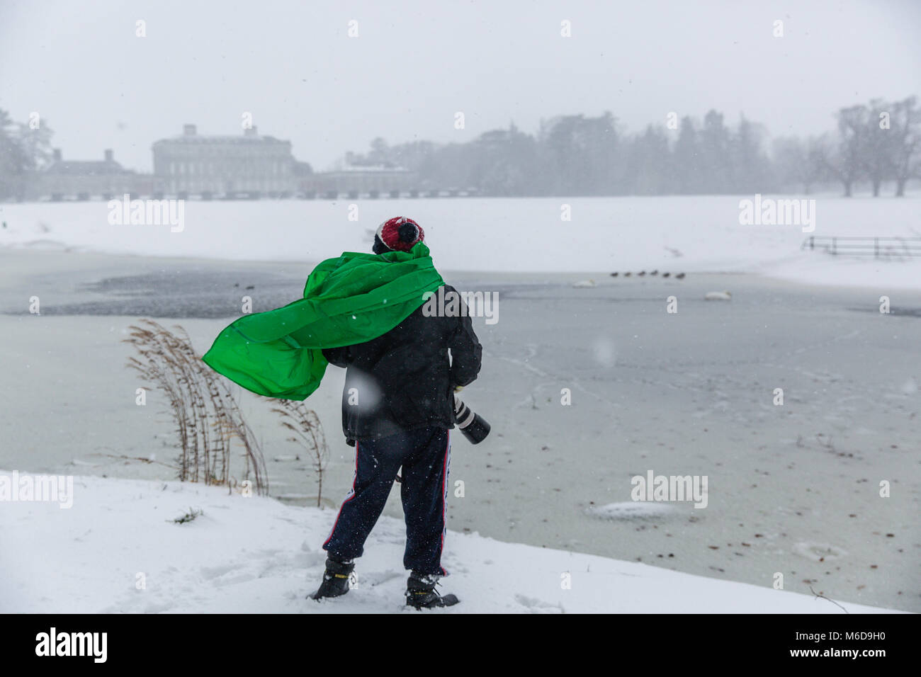 Celbridge, Kildare, Irland. 02 Mär 2018: der Mann, der Fotograf mit Canon Ausrüstung Fotos von Stockenten, stehend auf einem gefrorenen Teich auf der überdachten im Schnee Castletown Park in Celbridge. Tier aus dem Osten durch Sturm Emma brachte Schnee und starkem Wind lähmt das Land und zwingen die Met Éireann die rote Warnmeldung über Irland zu erteilen. Stockfoto