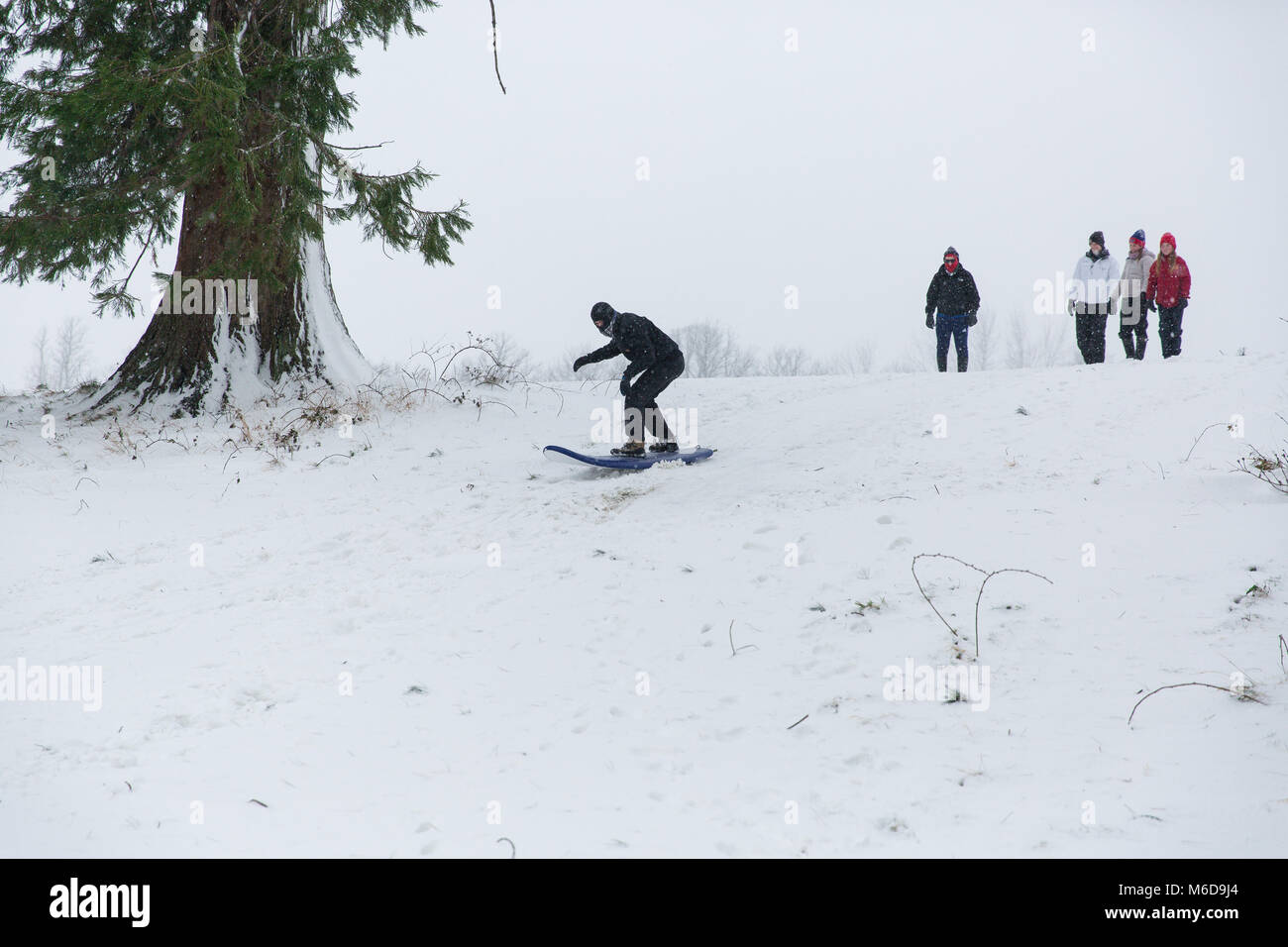 Celbridge, Kildare, Irland. 02 Mär 2018: Jugendliche mit Surf Board nach unten zu schieben Sie die Hügel mit Schnee bedeckt. Tier aus dem Osten durch Sturm Emma gefolgt brachte mehr Schnee und starke Winde in ganz Irland. Stockfoto