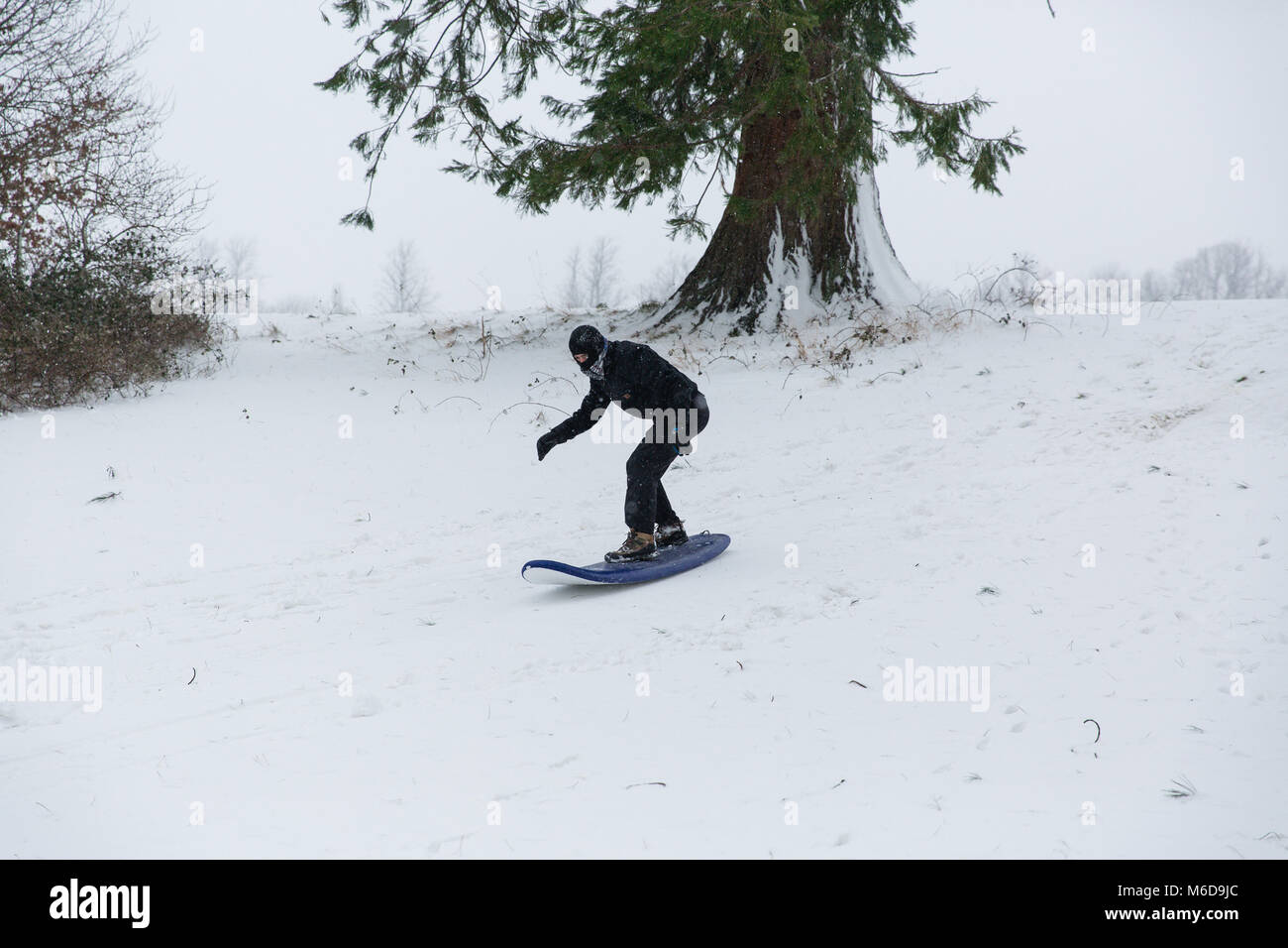 Celbridge, Kildare, Irland. 02 Mär 2018: Jugendliche mit Surf Board nach unten zu schieben Sie die Hügel mit Schnee bedeckt. Tier aus dem Osten durch Sturm Emma gefolgt brachte mehr Schnee und starke Winde in ganz Irland. Stockfoto