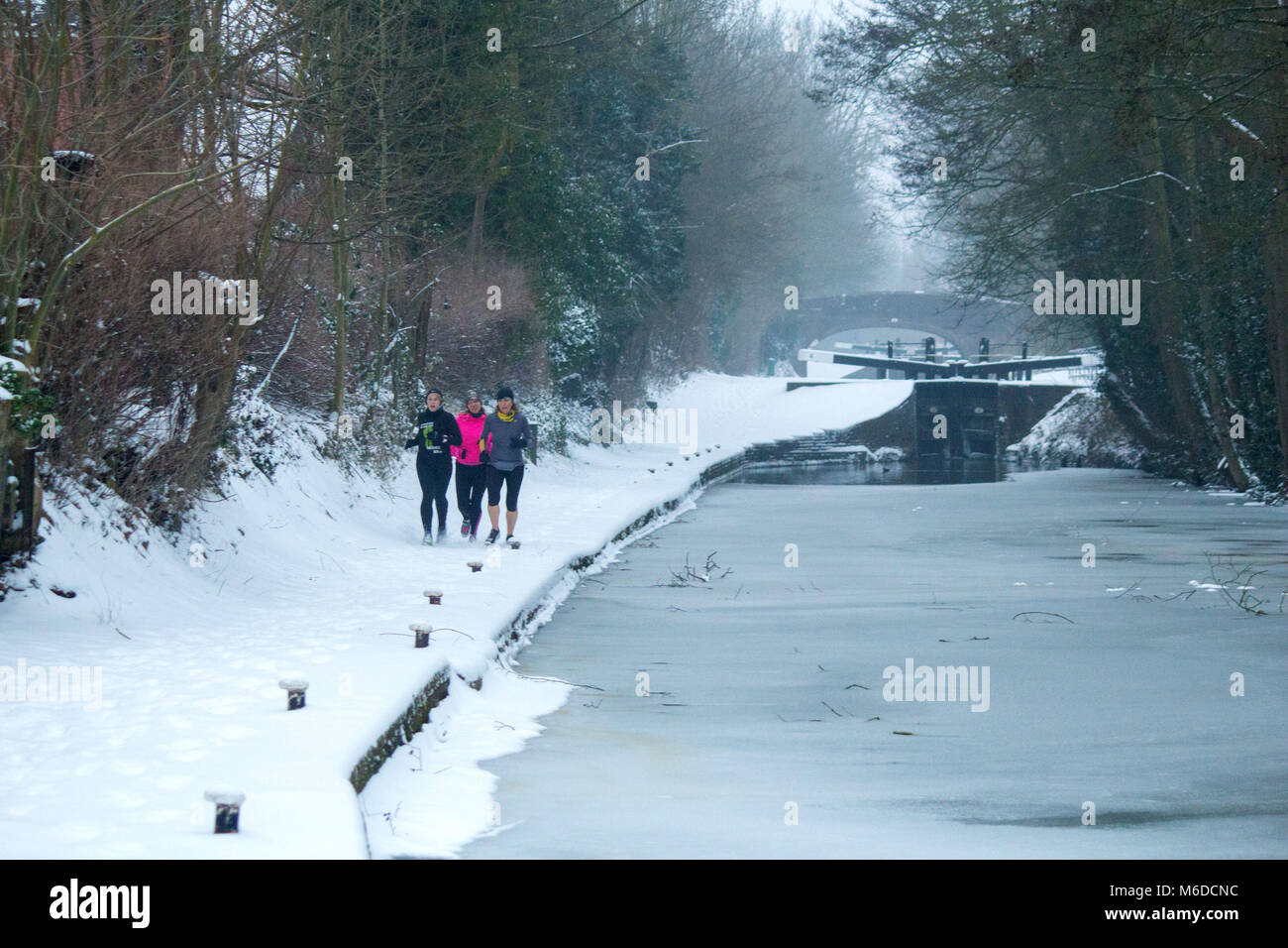 Jogger an der Seite der gefrorenen Coventry Canal in Atherstone, North Warwickshire, Großbritannien. Quelle: David Warren/Alamy leben Nachrichten Stockfoto