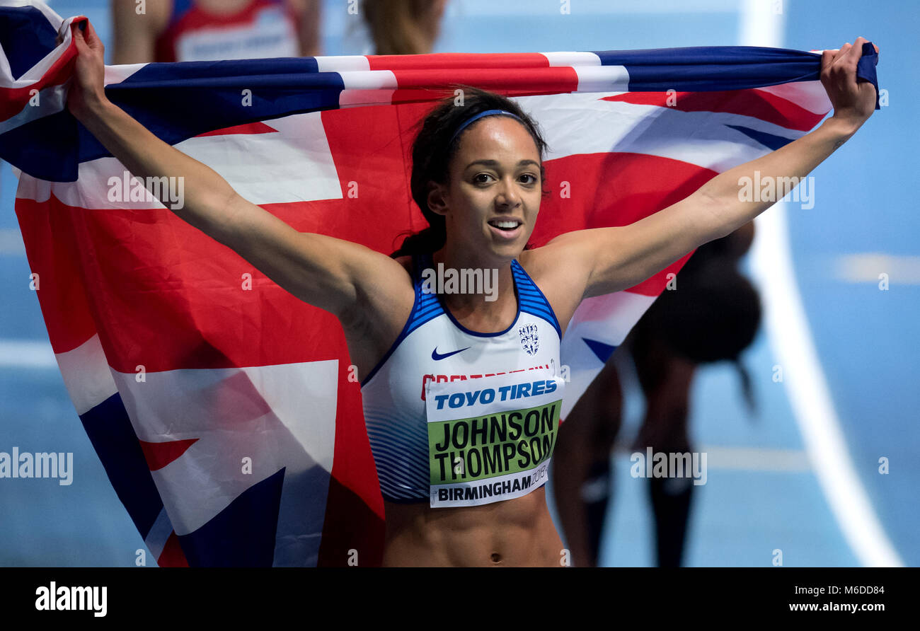 02 März 2018, Großbritannien, Birmingham: IAAF World Indoor Championships in der Leichtathletik, im Fünfkampf der Frauen: Katarina Johnson-Thompson Großbritannien feiert. Foto: Sven Hoppe/dpa Stockfoto