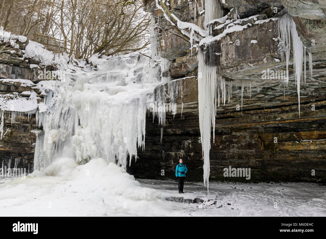 Summerhill Kraft, Teesdale, County Durham, UK. Samstag, 3. März 2018. UK Wetter. Riesigen Eiszapfen Zwerg einen Wanderer in Gibson's Höhle als Summerhill Kraft Wasserfall in Teesdale, County Durham friert. David Forster/Alamy leben Nachrichten Stockfoto