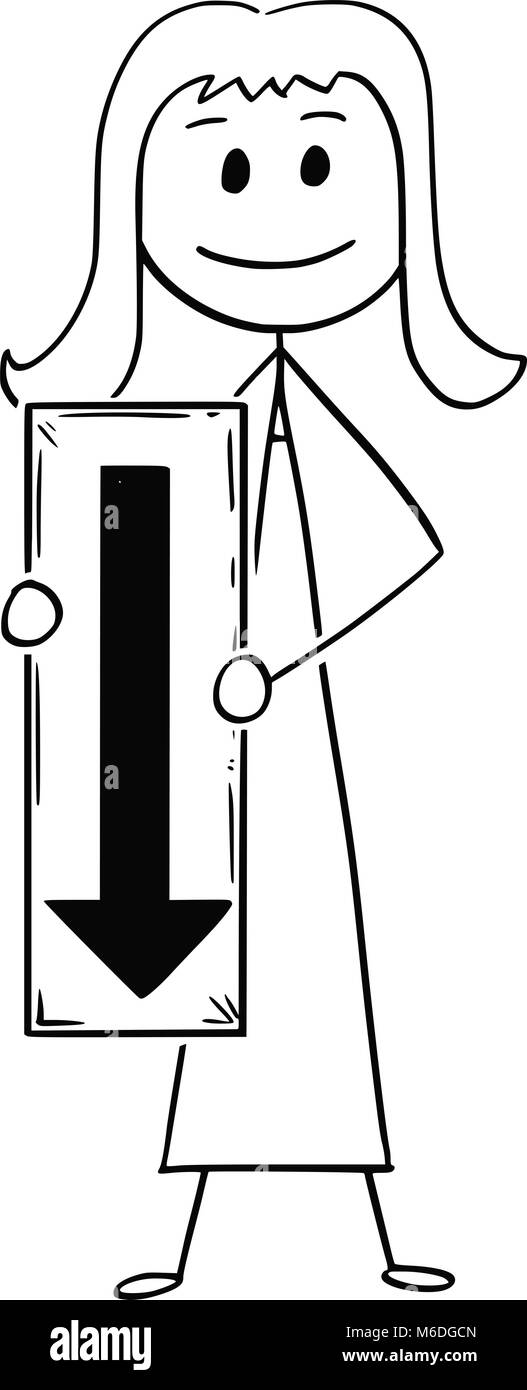 Cartoon von geschäftsfrau oder Frau mit Pfeil nach unten Stock Vektor