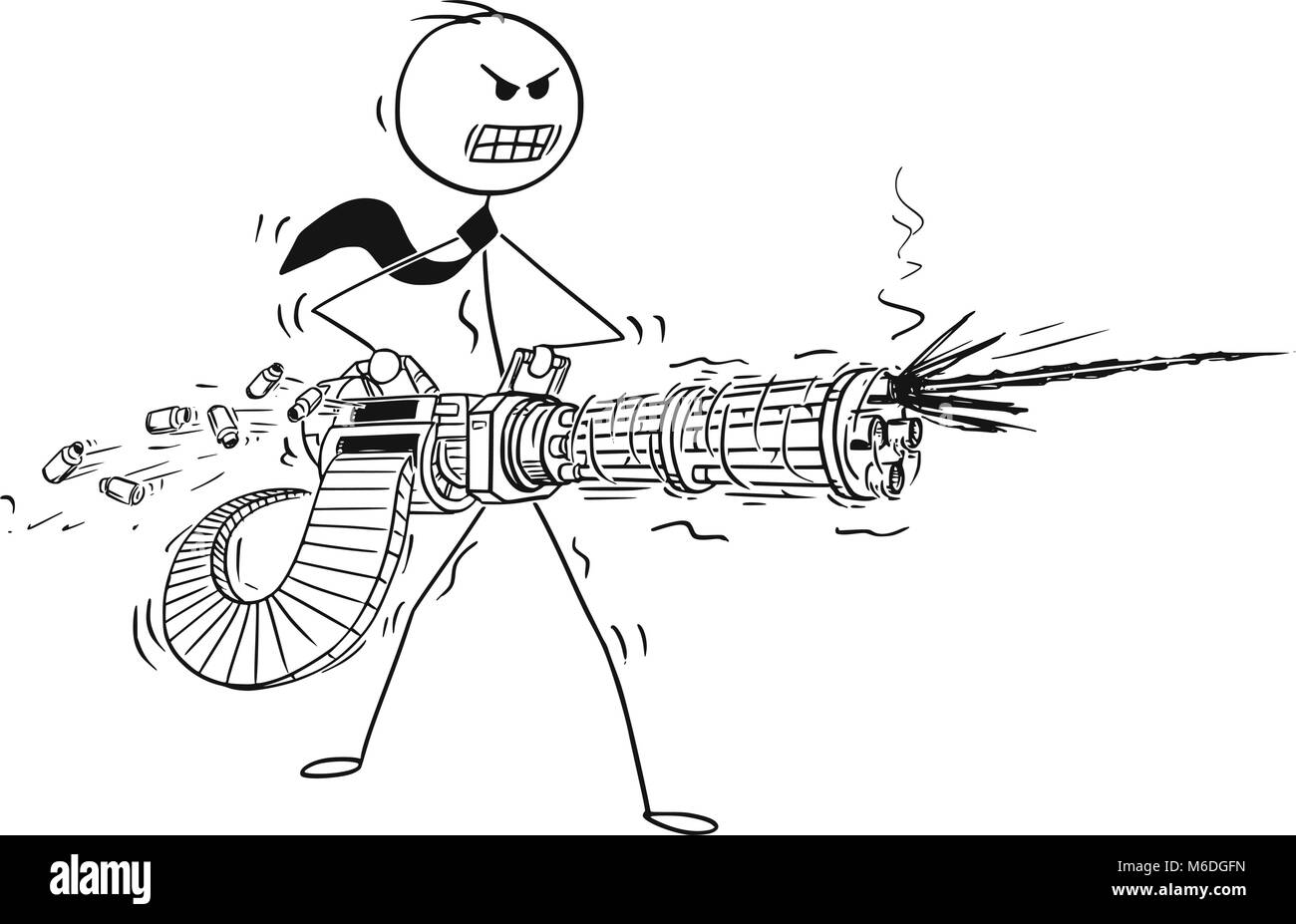 Cartoon von Angry Geschäftsmann Schießen von Rotary Machine Gun Cannon Stock Vektor
