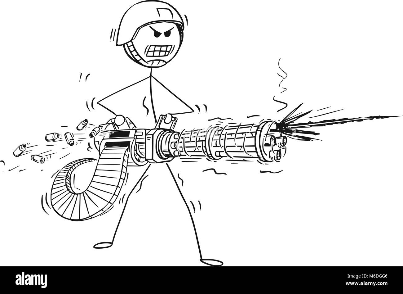 Cartoon von Soldaten Schießen von Rotary Machine Gun Cannon Stock Vektor