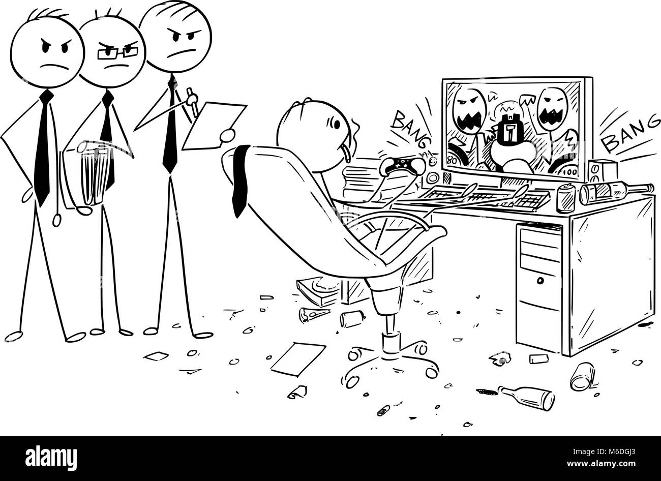 Cartoon von Geschäftsmann Trinken, Rauchen und Spielen Computer Spiel bei der Arbeit Stock Vektor