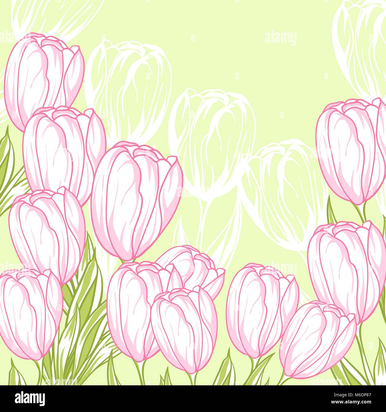 Spring floral background mit rosa Tulpen. Vektor Karte Stock Vektor