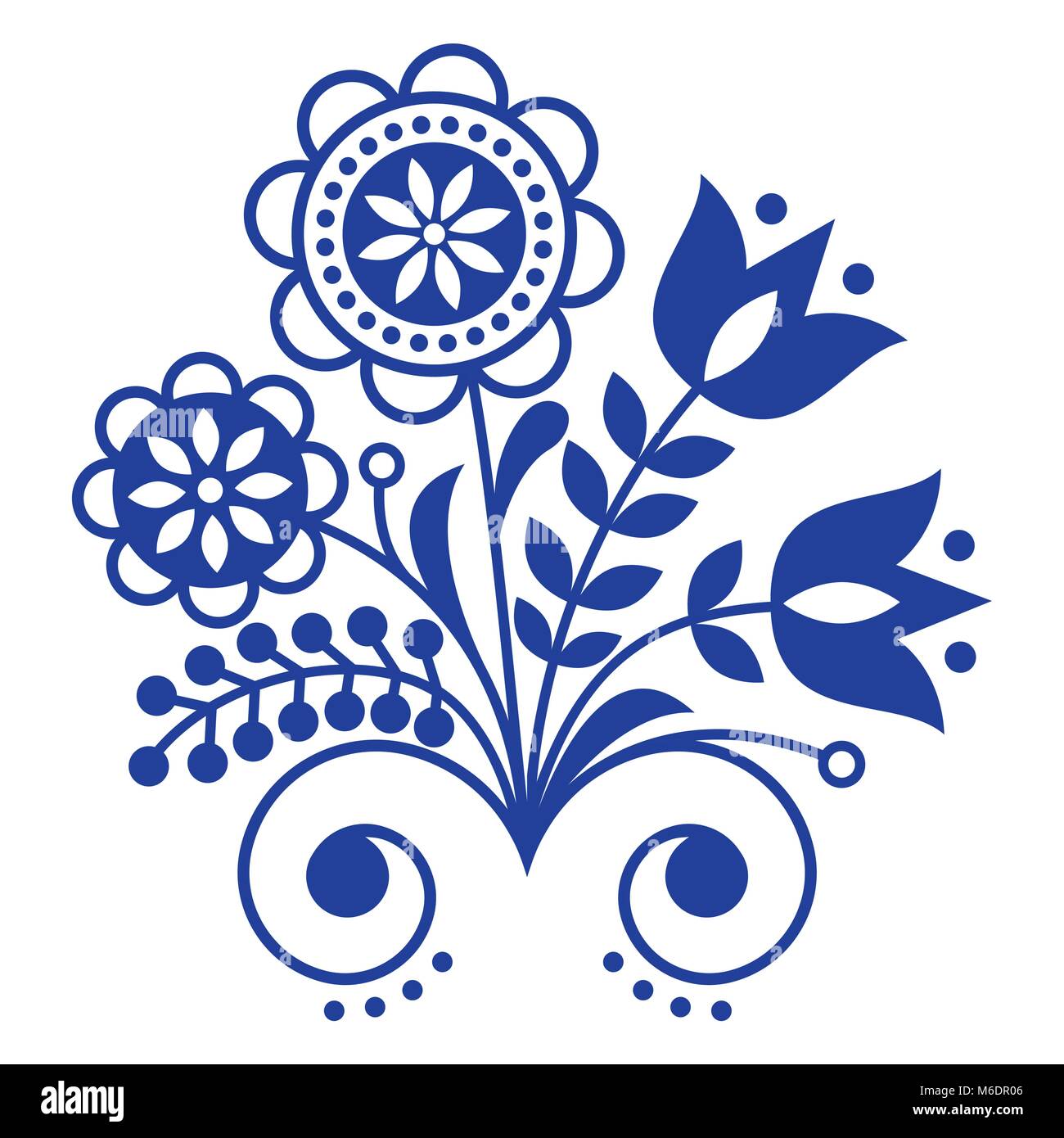 Skandinavische Volkskunst Ornament mit Blumen, Nordic florale Dessin, retro Hintergrund in Marineblau Stock Vektor