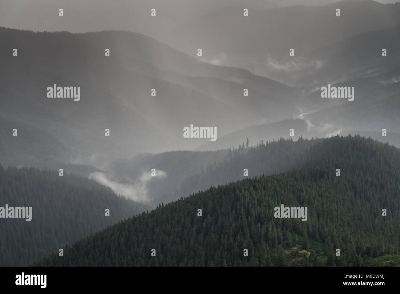 Bild von Gewitter über hohe Berge der ukrainischen Karpaten. Stockfoto