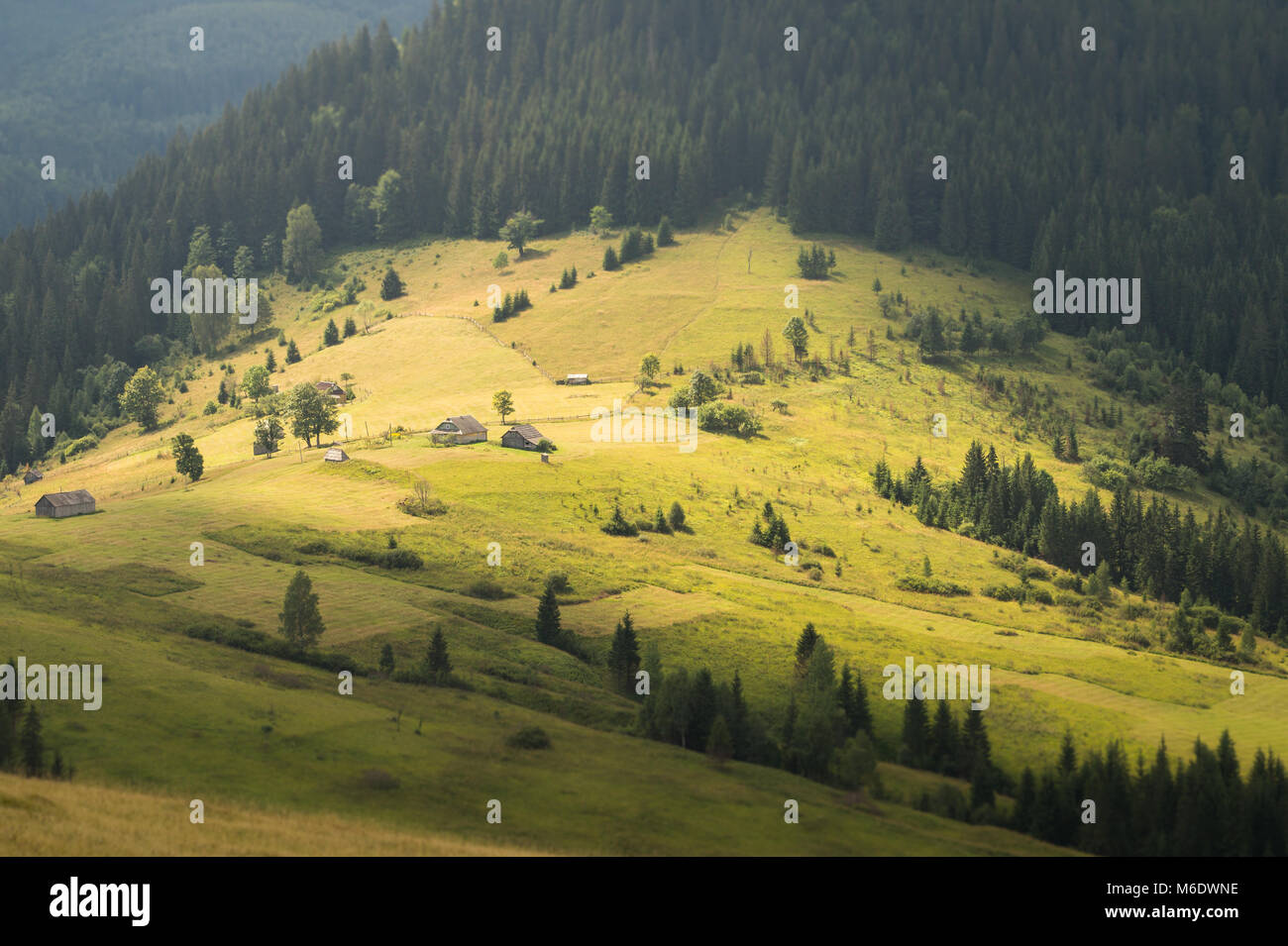 Anblick von Highland Feld mit alten Jäger Häuser am hügel Seiten neben Pelz Wälder und Berge Stockfoto