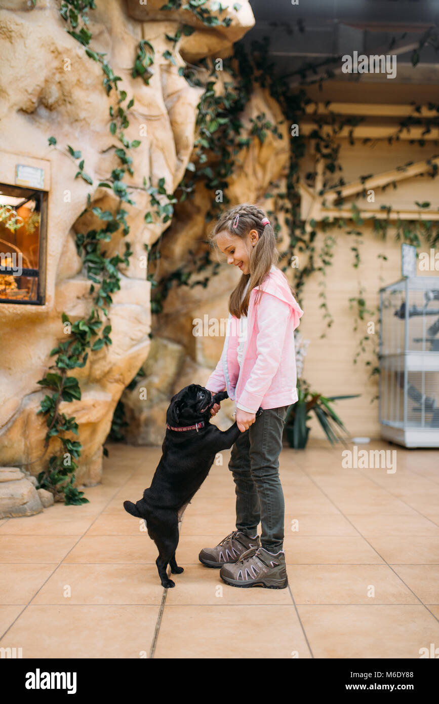 Kleines Mädchen spielt mit lustig Welpe in Pet Shop, Freundschaft. Kind mit Hund in petshop, Pflege für Haustiere Stockfoto