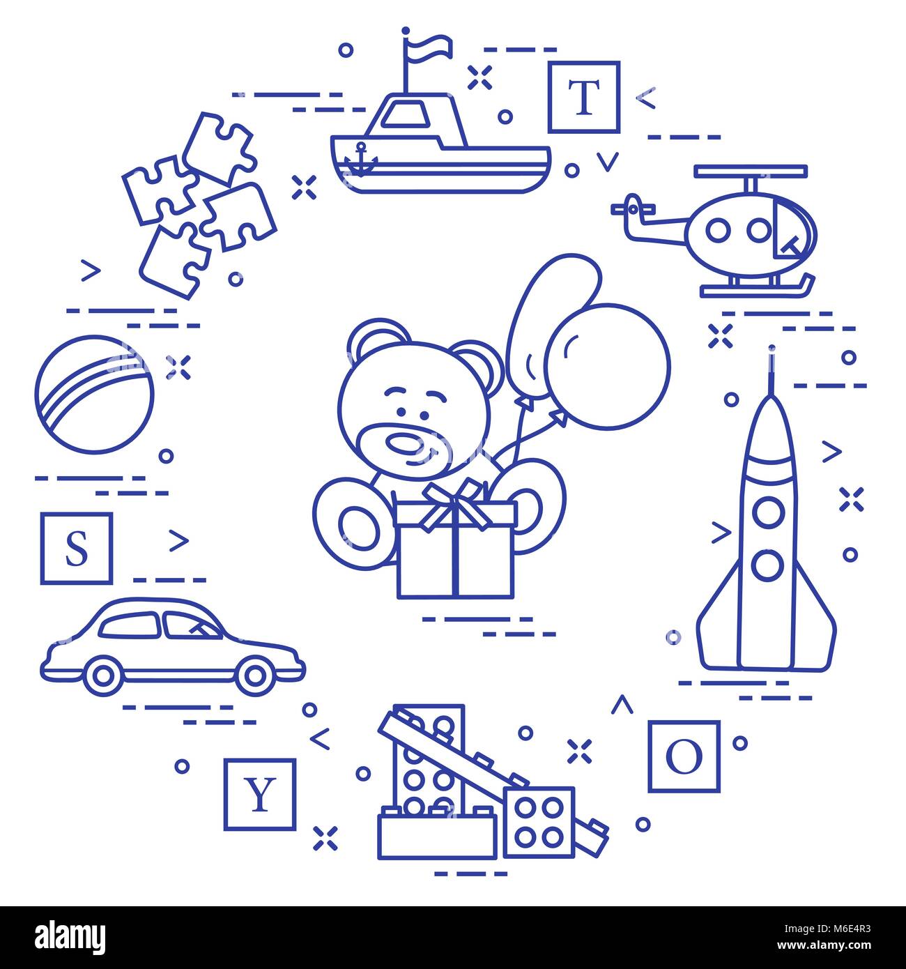 Kinderspielzeug: Auto, Bär, Schiff, Hubschrauber, Raketen, Designer, Kugel,  Puzzle, Würfel, Geschenk, Luftballons. Design für Poster oder Drucken  Stock-Vektorgrafik - Alamy