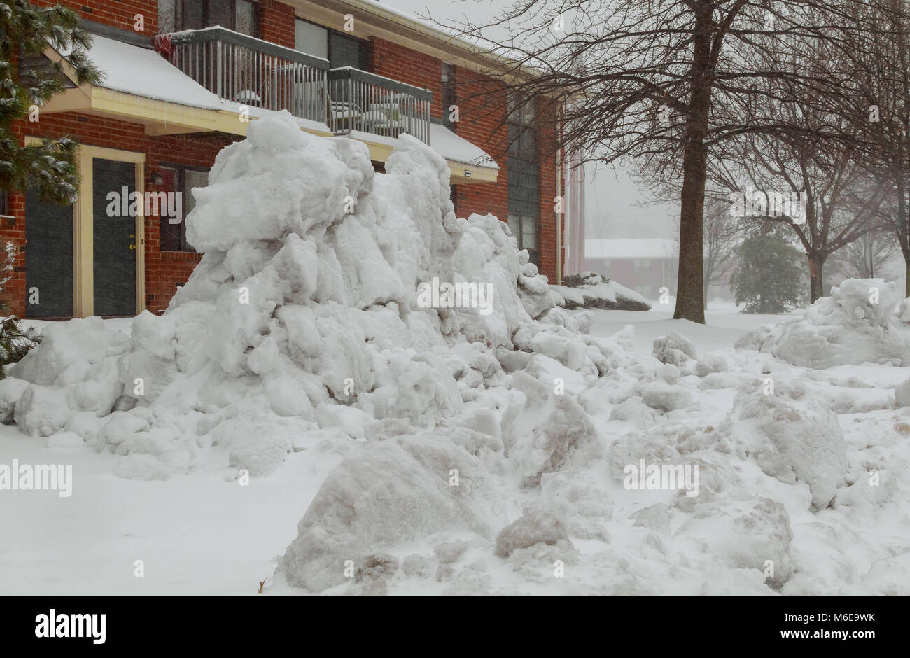 Rotes Haus in Schneefall mit immergrünen Bäume Schnee Blizzard Stockfoto