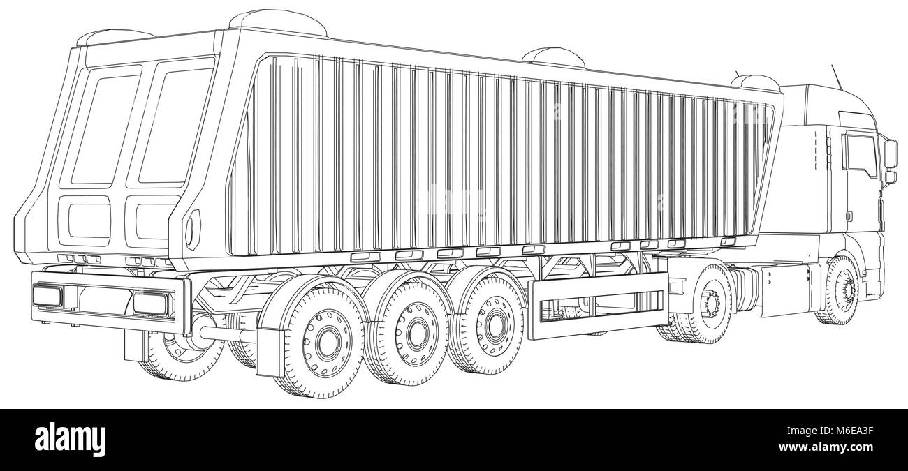 Sattelanhänger Dump Truck Skizze auf weißem Hintergrund. 3-Achs Trailer Truck. Tracing Abbildung der 3d. EPS 10 Vector Format. Stock Vektor