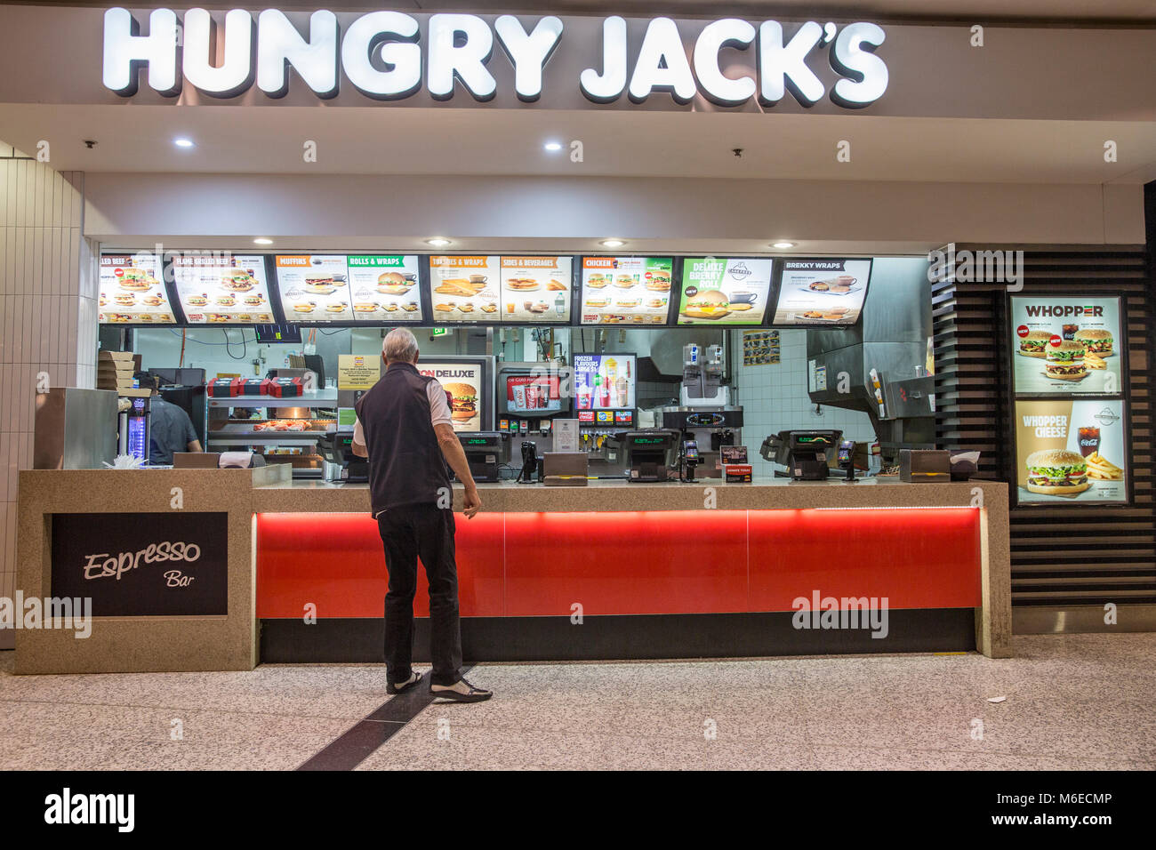 Hungry Jacks fast food Takeaway retail Shop im Flughafen Sydney, Australien Stockfoto