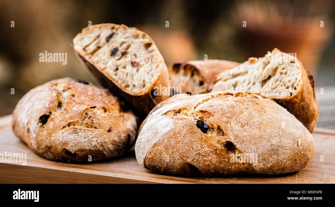 Brotbacken als Leidenschaft. Auswahl an hausgemachtem Brot, Sauerteig-Brot und Ciabatta Stockfoto