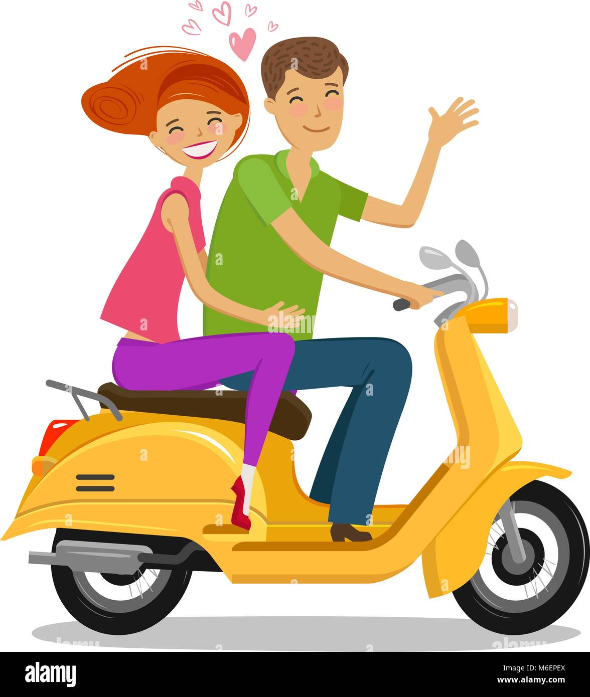Glückliches Paar, Moped oder Roller. Reisen, Reise Konzept. Cartoon Vector Illustration Stock Vektor