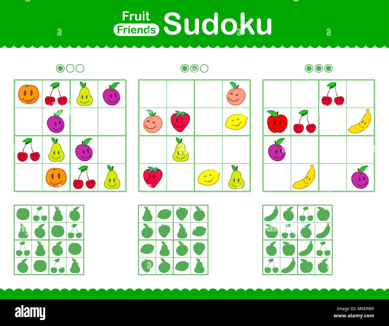 Kinder Sudoku Puzzle mit Smiley cartoon Obst in einem Raster mit leeren Plätzen und eine Silhouette Antwort darunter, drei Ebenen - leicht, mittel und schwer Sui Stock Vektor