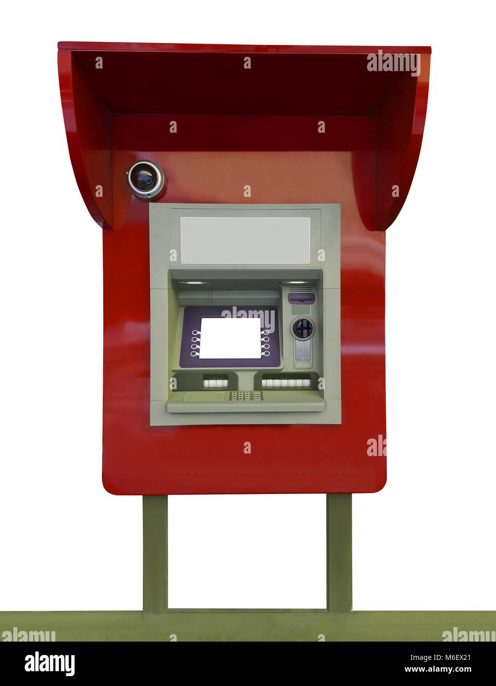 Rote ATM für ein Mittel auf weißem Hintergrund Stockfoto