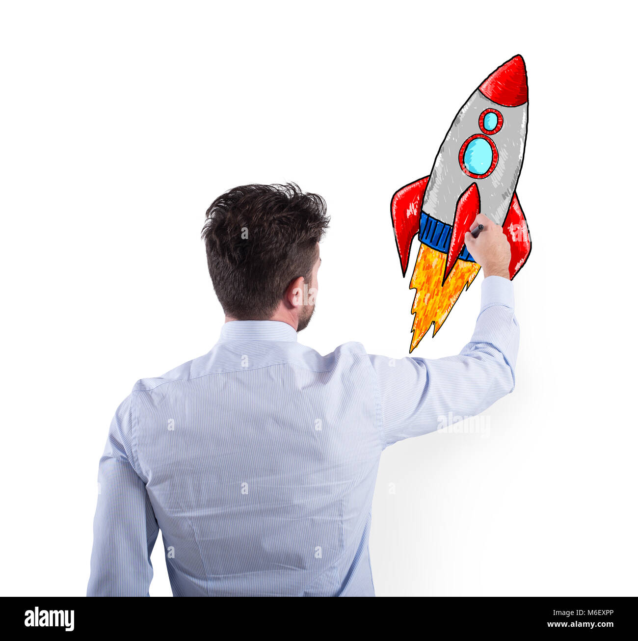 Geschäftsmann Zeichnung eine Rakete. Konzept der Business Improvement und Enterprise Start Stockfoto