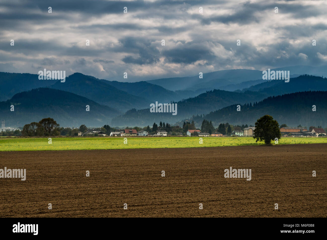 Schöne Kulturlandschaft im Süden Österreichs mit einem einsamen Baum in einem Feld und dramatische Berge und Wolken im Abstand Stockfoto