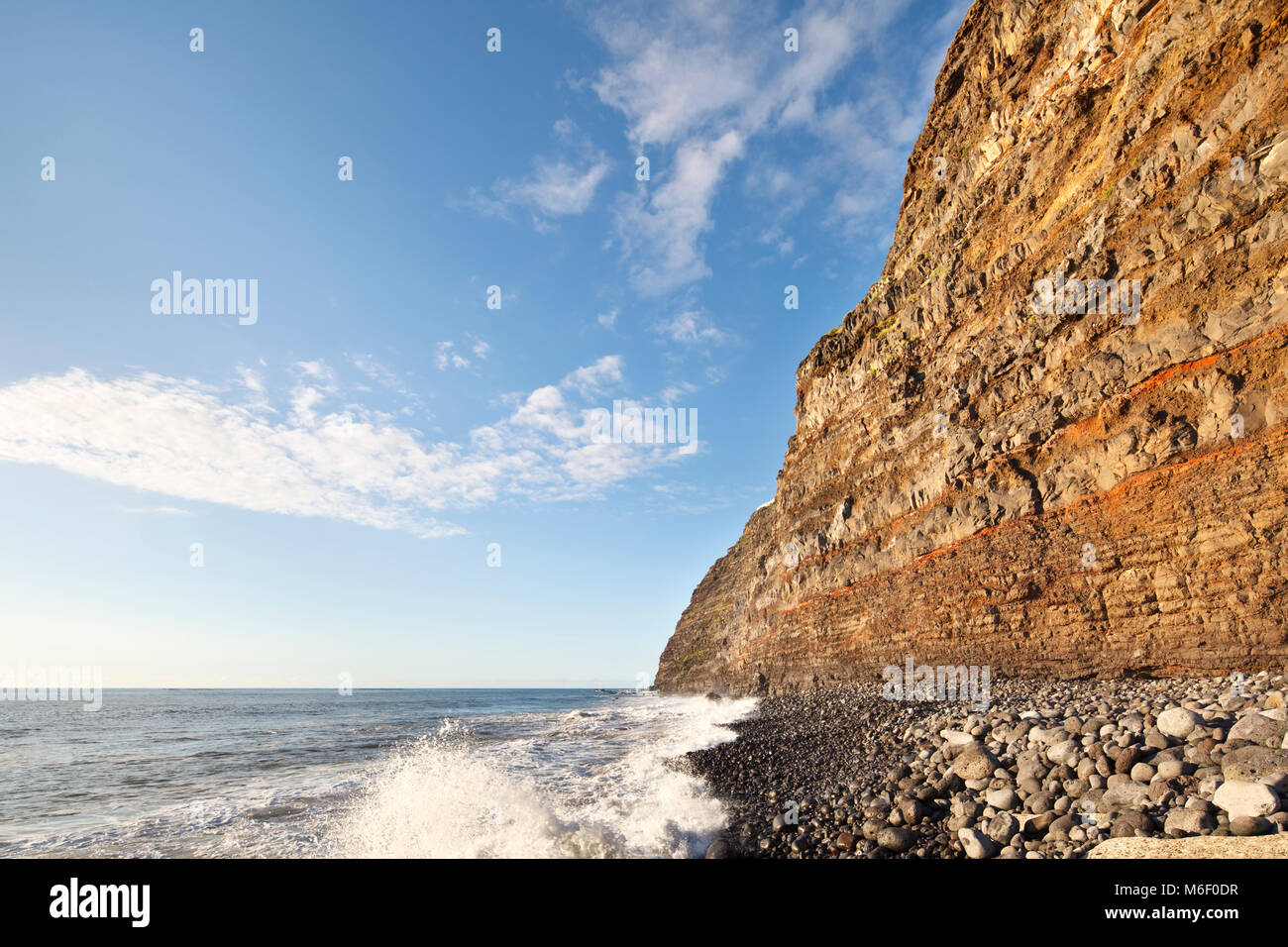 Steilküste bei Puerto de Tazacorte auf La Palma, Spanien. Perspektive über Lens Shift korrigiert. Stockfoto