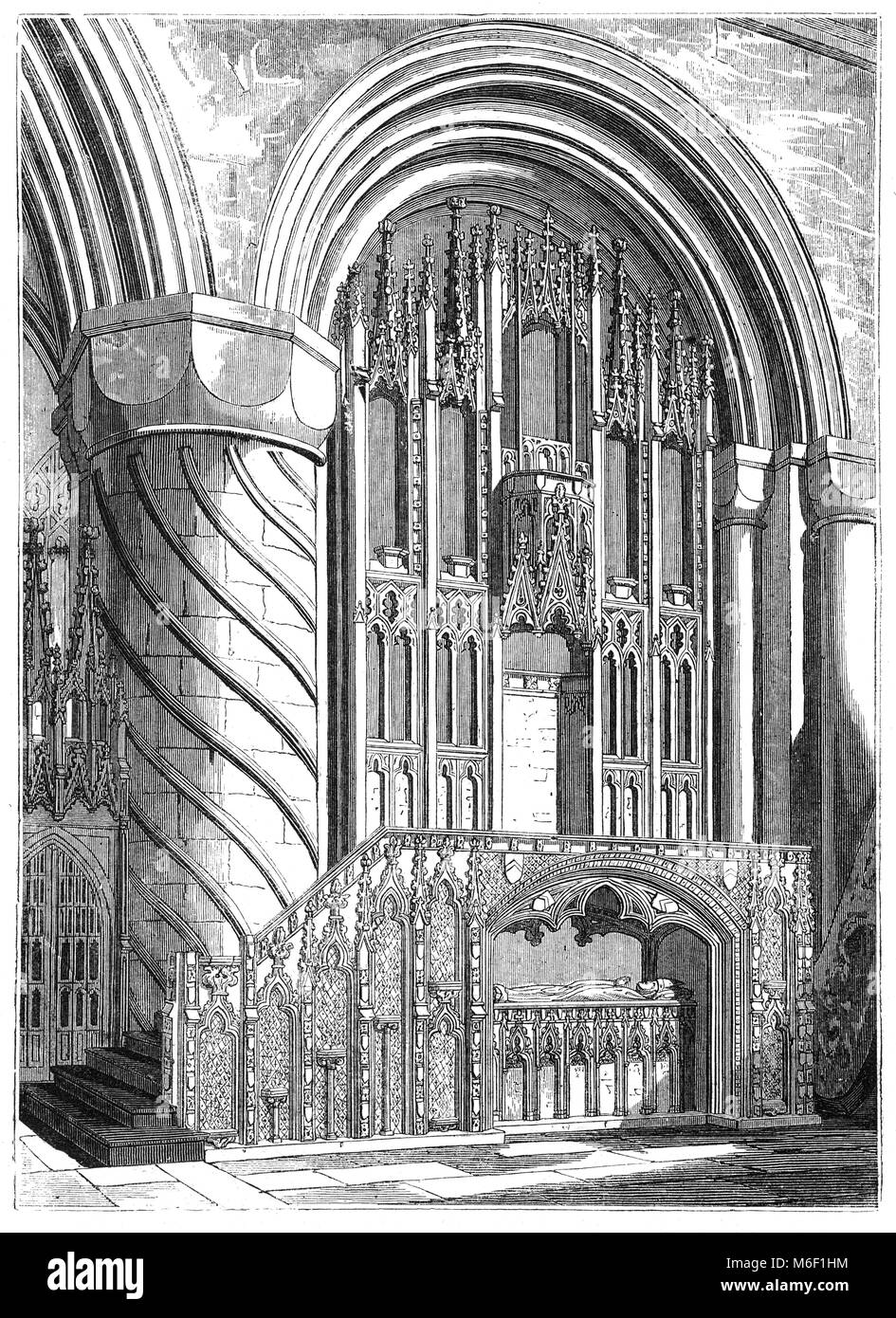 Des Bischofs Thron in der Normannischen Romanik Durham Cathedral, der Heimat der Schrein von St. Cuthbert. Die heutige Kathedrale in der Stadt Durham, England, ersetzt im 10. Jahrhundert der "weißen Kirche', als Teil einer klösterlichen Stiftung der Schrein des Heiligen Cuthbert von Lindisfarne zu Haus gebaut. Stockfoto