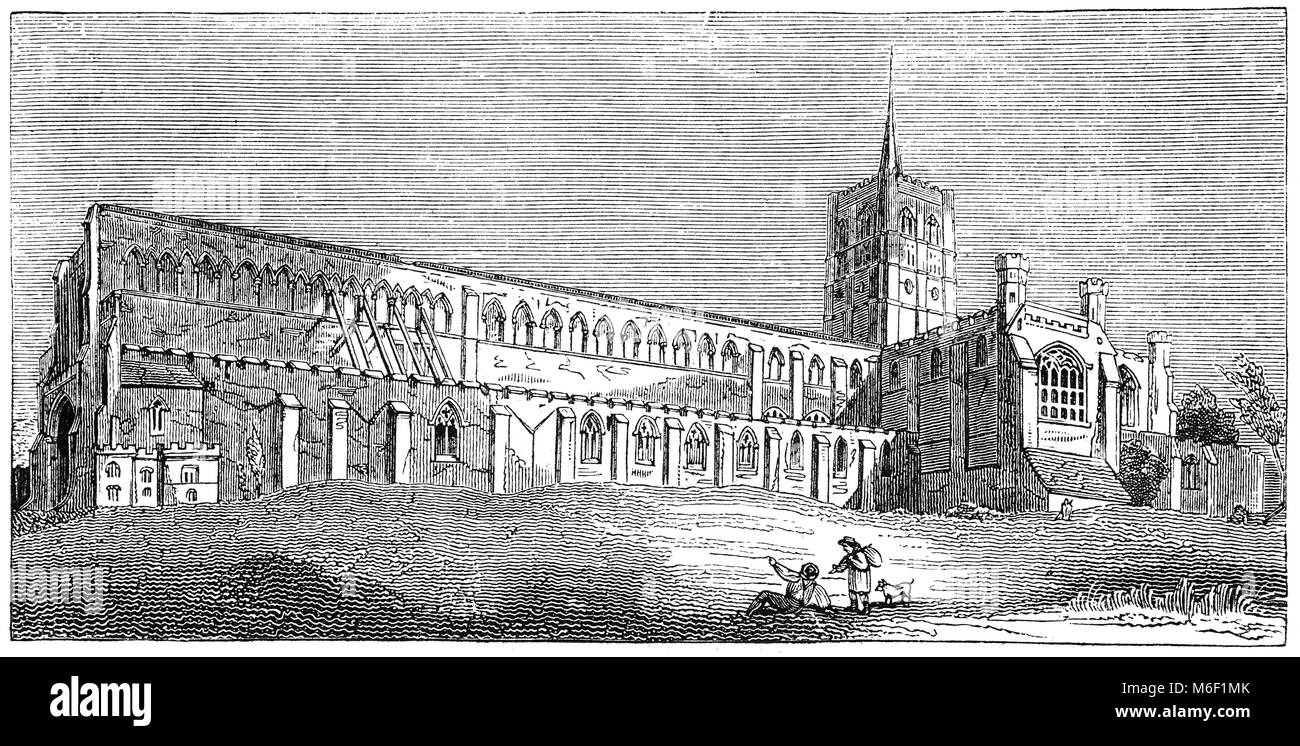 St Albans Cathedral, formal die Kathedrale und die Klosterkirche von St. Alban und Lokal "Abtei", vermutlich im 8. Jahrhundert gegründet wurde, das heutige Gebäude ist Norman romanischen Architektur des 11. Jahrhunderts, mit gotischen und Ergänzungen aus dem 19. Jahrhundert. Es aufhörte, eine Abtei im 16. Jahrhundert und wurde im Jahr 1877 eine Kathedrale. St Alban's, Hertfordshire, England. Stockfoto