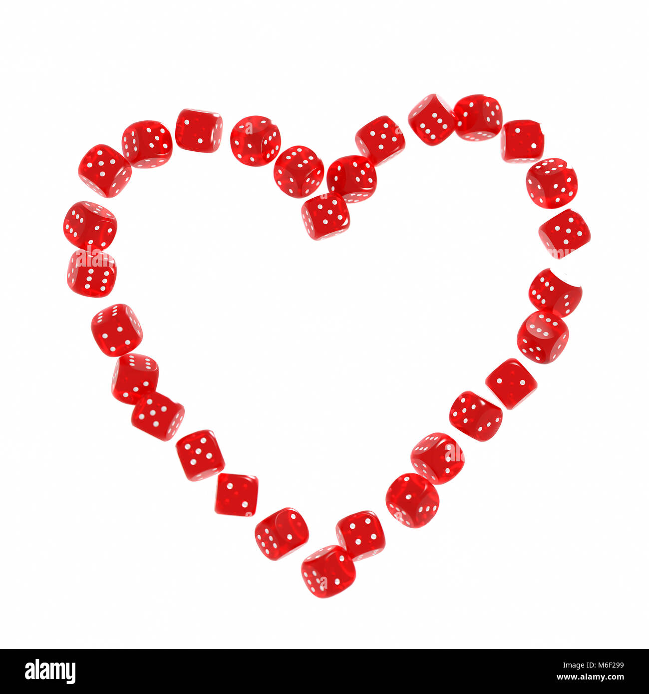 Red Casino Würfel zusammen in Form eines Herzens auf weißem Hintergrund gestapelt. Glück im Leben Konzept Stockfoto