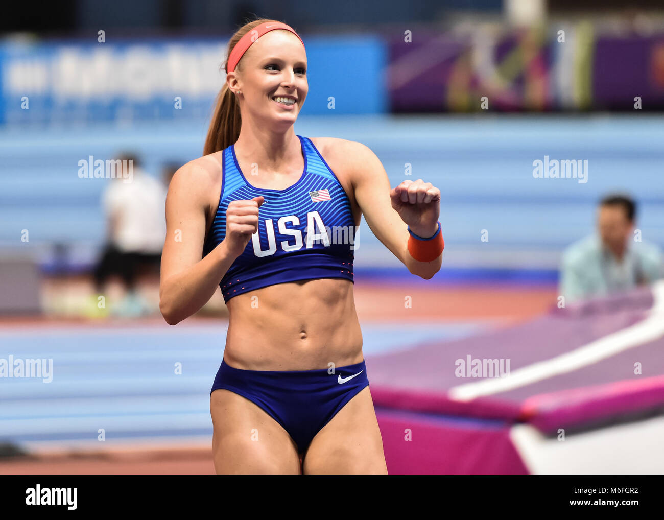 Sandi Morris (USA) feiert er das Ziel für Frauen Stabhochsprung Final
