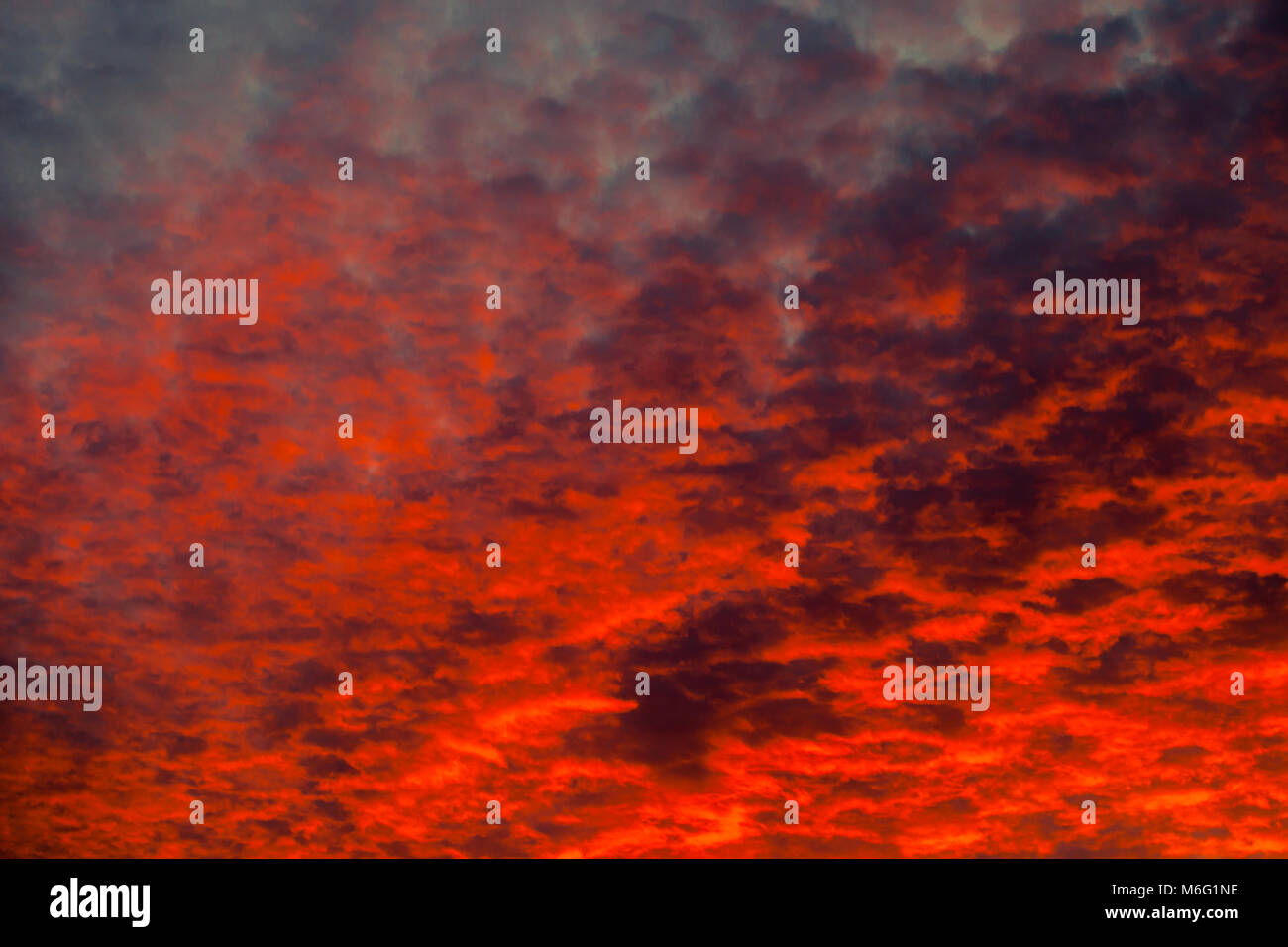 Dramatischer Sonnenuntergang Himmel mit Wolken in kräftigen Rot- und Orangetönen gestrichen Stockfoto