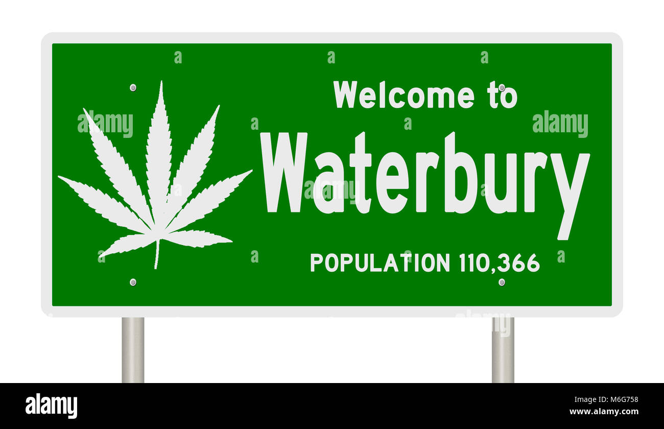 Rendering von einem grünen Hinweisschild mit Marihuana Blatt für Waterbury Connecticut Stockfoto