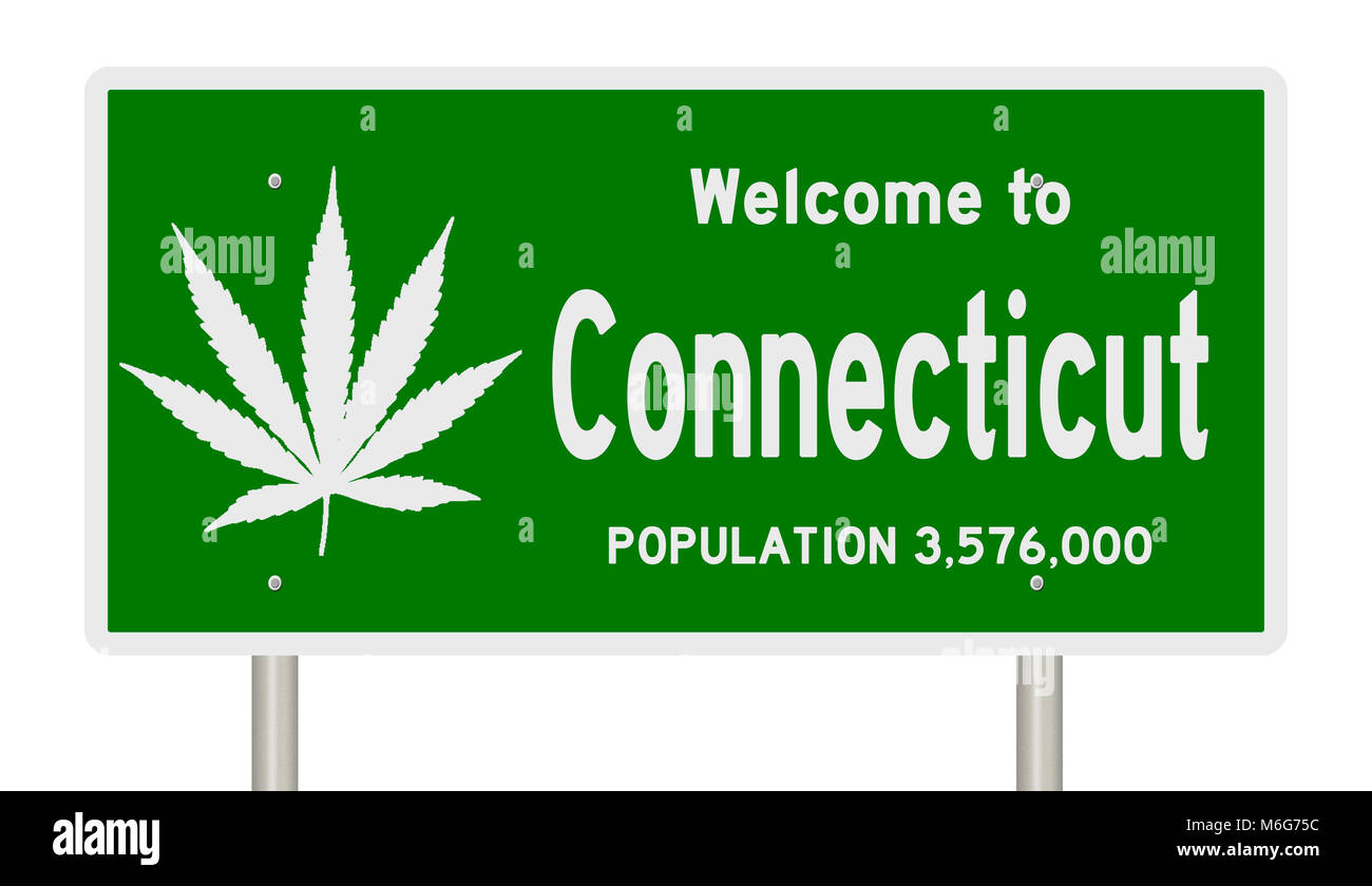Rendering von einem grünen Hinweisschild mit Marihuana Blatt für Connecticut Stockfoto