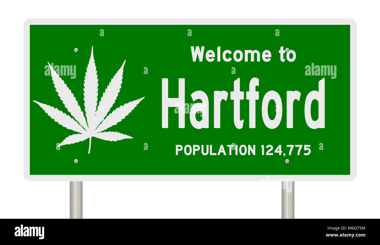 Rendering von einem grünen Hinweisschild mit Marihuana Blatt für Hartford, Connecticut Stockfoto