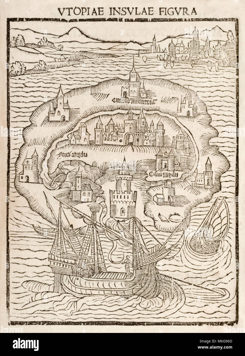 "Utopiae Insulae Figura" (Karte von die neue Insel Utopia) aus dem Jahr 1516 erste Ausgabe von "Utopia" von Thomas Morus (1478 - 1535). Holzschnitt zeigt die fiktive Insel, auf der eine ideale Gesellschaft von Reisenden Raphael Hythloday entdeckt wurde. Weitere Informationen finden Sie unten. Stockfoto