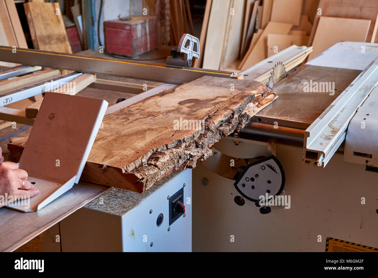 Zimmermann verwendet eine Tischsäge, um eine raue Kante an einem großen Holzstück zu schneiden. Handwerkskunst und Sicherheitsmassnahmen in Aktion Stockfoto