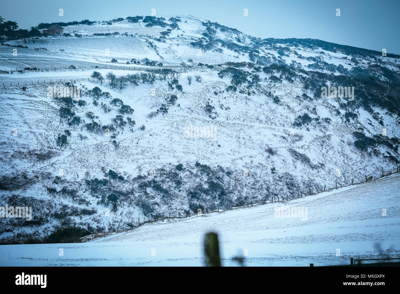 Die Nachwirkungen von Sturm Emma befindet sich im Küstenort Abersoch gesehen, mit einer starken Schneeverwehungen, Wind, Schnee am Strand und eine gefrorene Hafen. Stockfoto