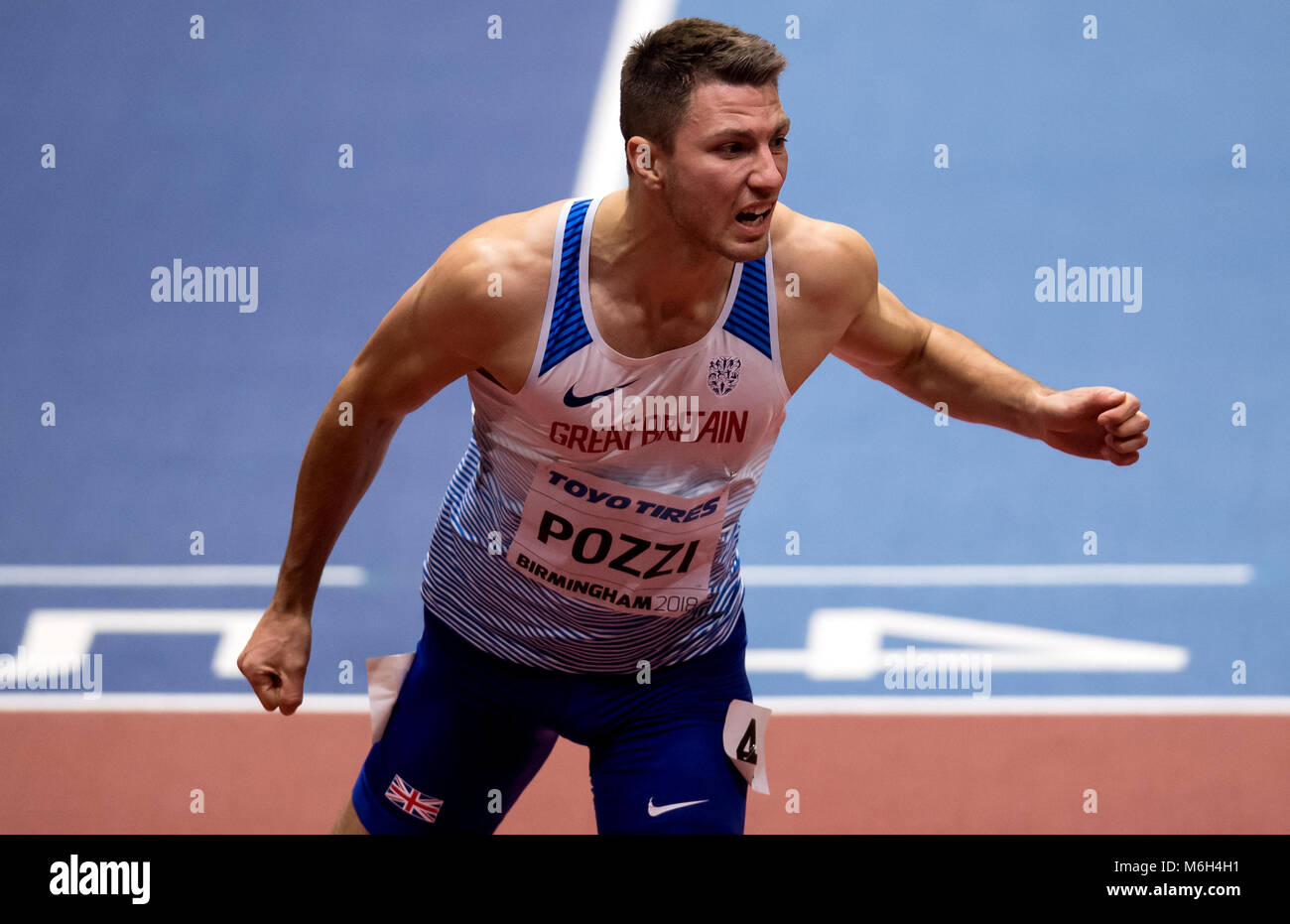 Birmingham, Großbritannien. 4 Mär, 2018.: IAAF World Indoor Championships. Großbritanniens Andrew Pozzi in der Endrunde der 60 m Hürden. Pozzi gewann Gold. Foto: Sven Hoppe/dpa Quelle: dpa Picture alliance/Alamy leben Nachrichten Stockfoto