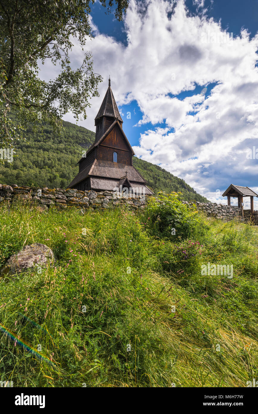 Urnes Stabkirche mit Blumenwiese in der grünen Berglandschaft, Ornes, Norwegen, Weltkulturerbe, Sognefjorden, Lustrafjorden Stockfoto