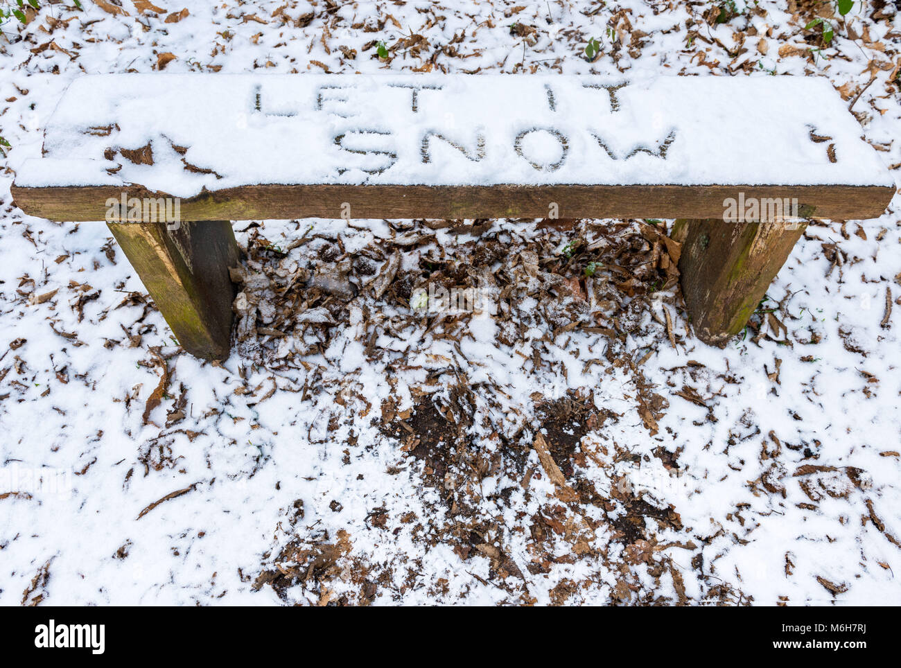 "Lassen Sie es schneien' Lyrik/Botschaft von Weihnachten im Schnee auf einer Bank geschrieben Stockfoto