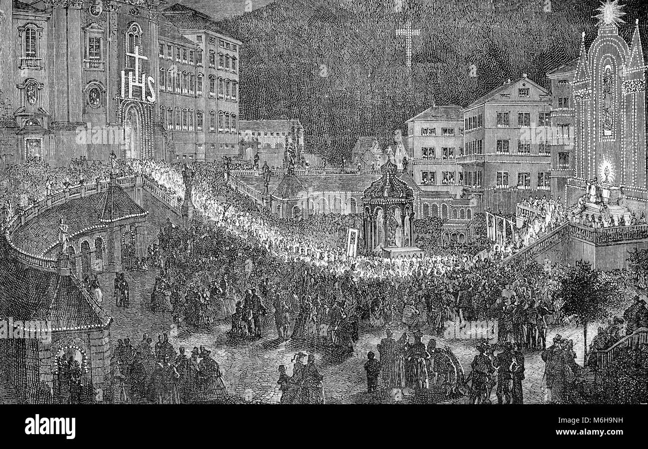 XIX Jahrhundert Gravur, religiöse Festzug in der Nacht in Einsiedel, Deutschland Stockfoto