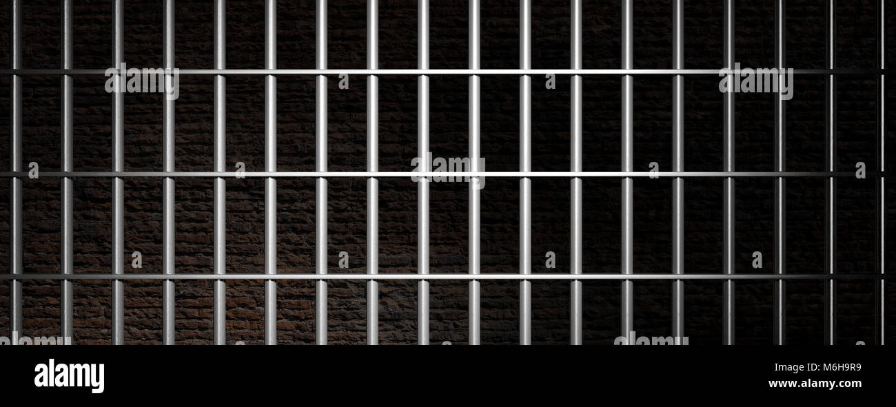 Haft, Gefängnis metallischen Balken auf dunklen, ziegelwand Hintergrund, Banner. 3D-Darstellung Stockfoto