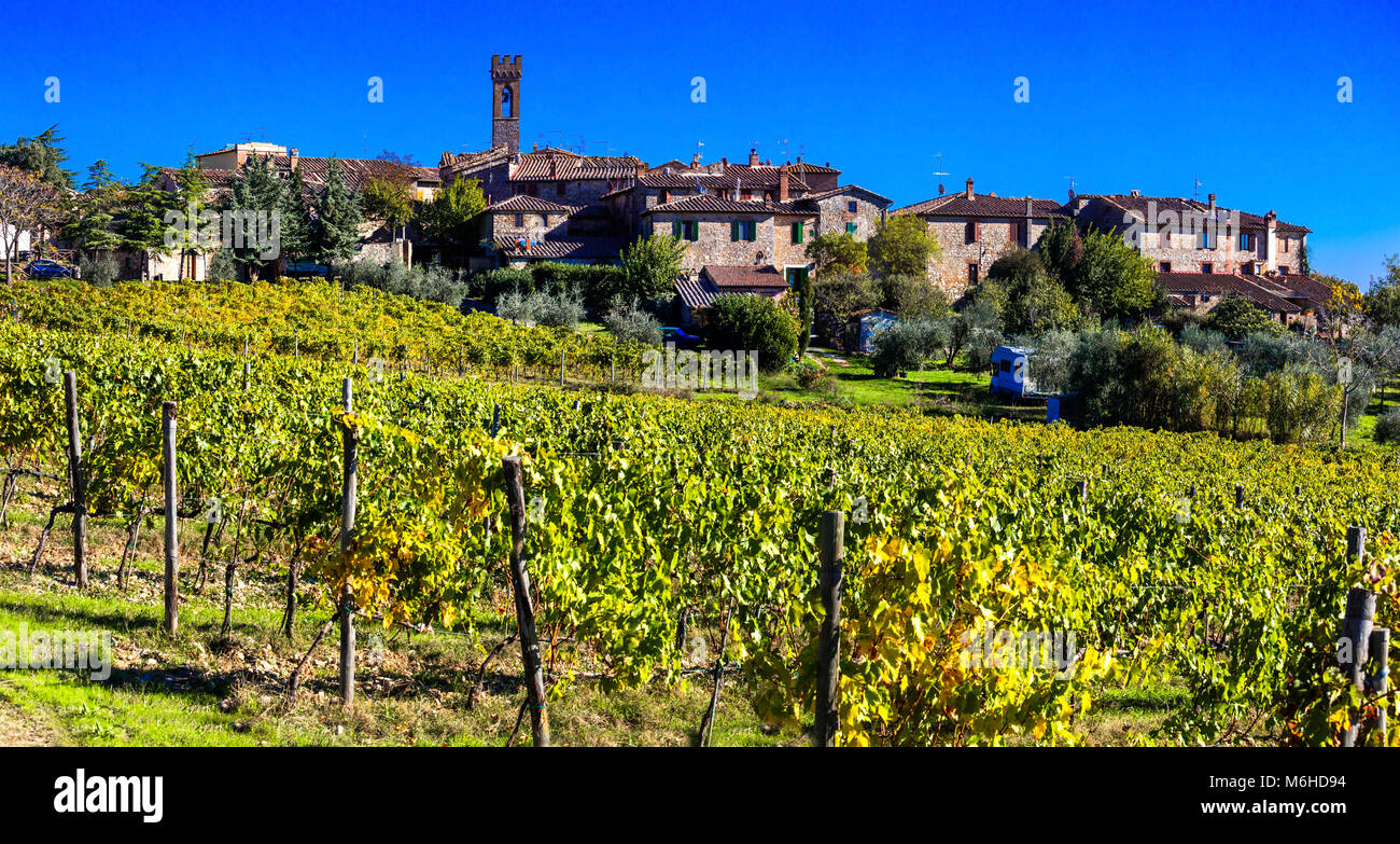 Beeindruckende Landschaft der Toskana, mit Blick auf die traditionellen Dorf und Weinberge, Chianti Region. Stockfoto
