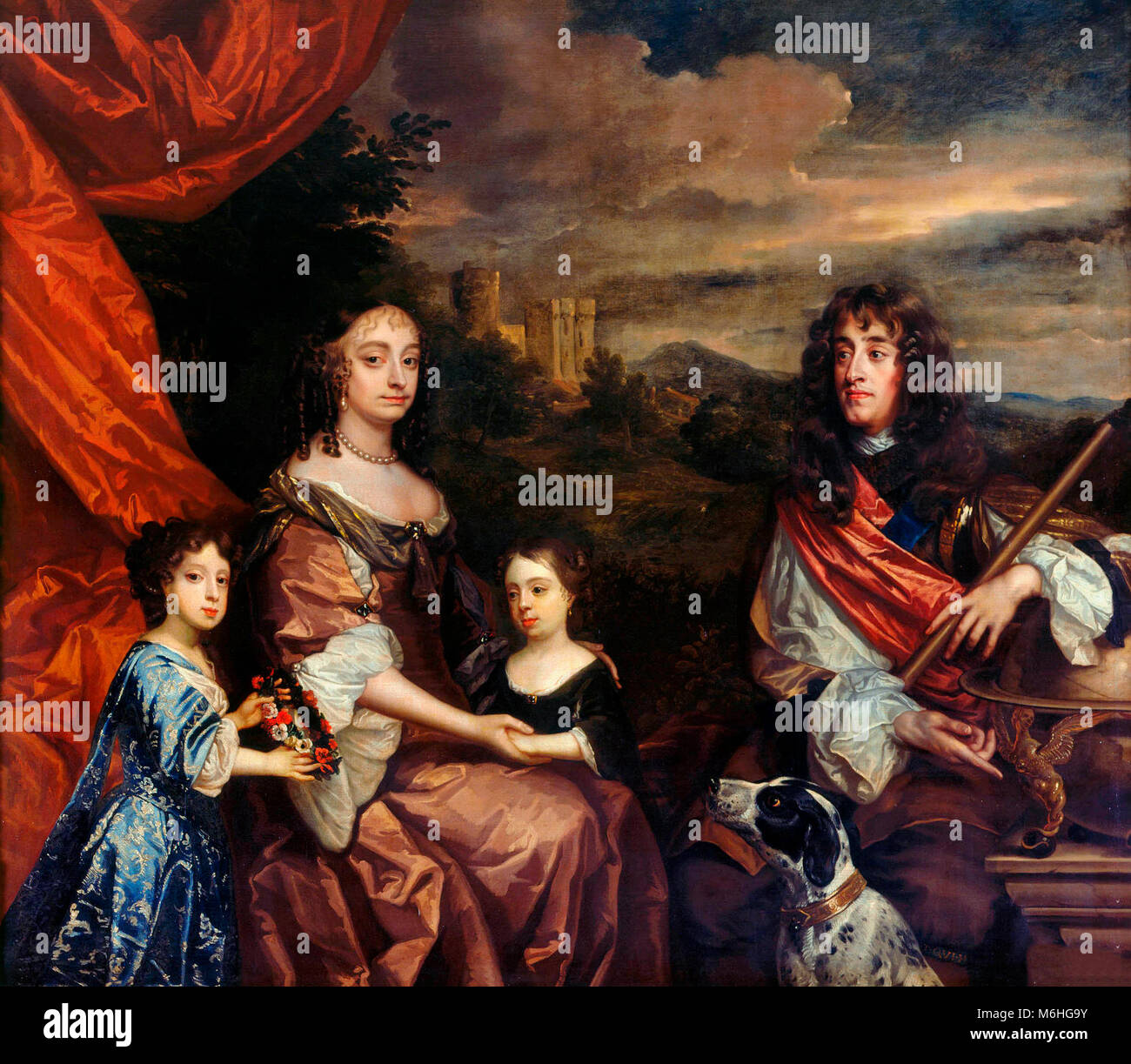 Die Familie von James, Herzog von York. Der Herzog (später König James II und VII) und der Herzogin von York (zuvor Anne Hyde) wurden von Peter Lely in zwischen 1668 und 1670 gemalt. Ihre beiden Töchter, Maria (links) und Anne (rechts), später Königin Maria II. und Königin Anne, waren von Benedetto Gennari in oder nach 1680 hinzugefügt. Schloss Windsor ist im Hintergrund. Stockfoto