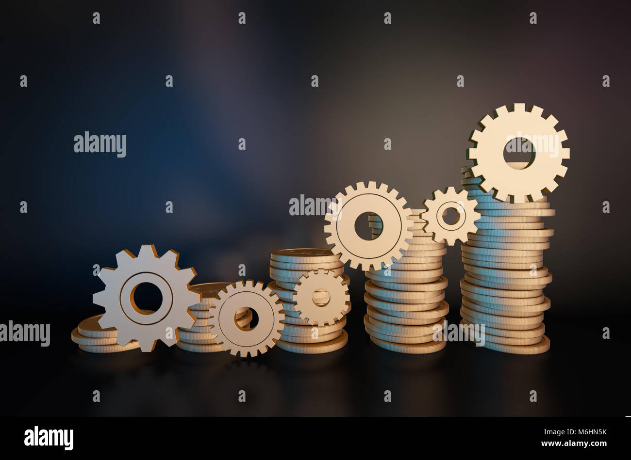 Rotierende Zahnräder und Balkendiagramme, Reichtum finanzielle Investitionen, Teamarbeit Stockfoto