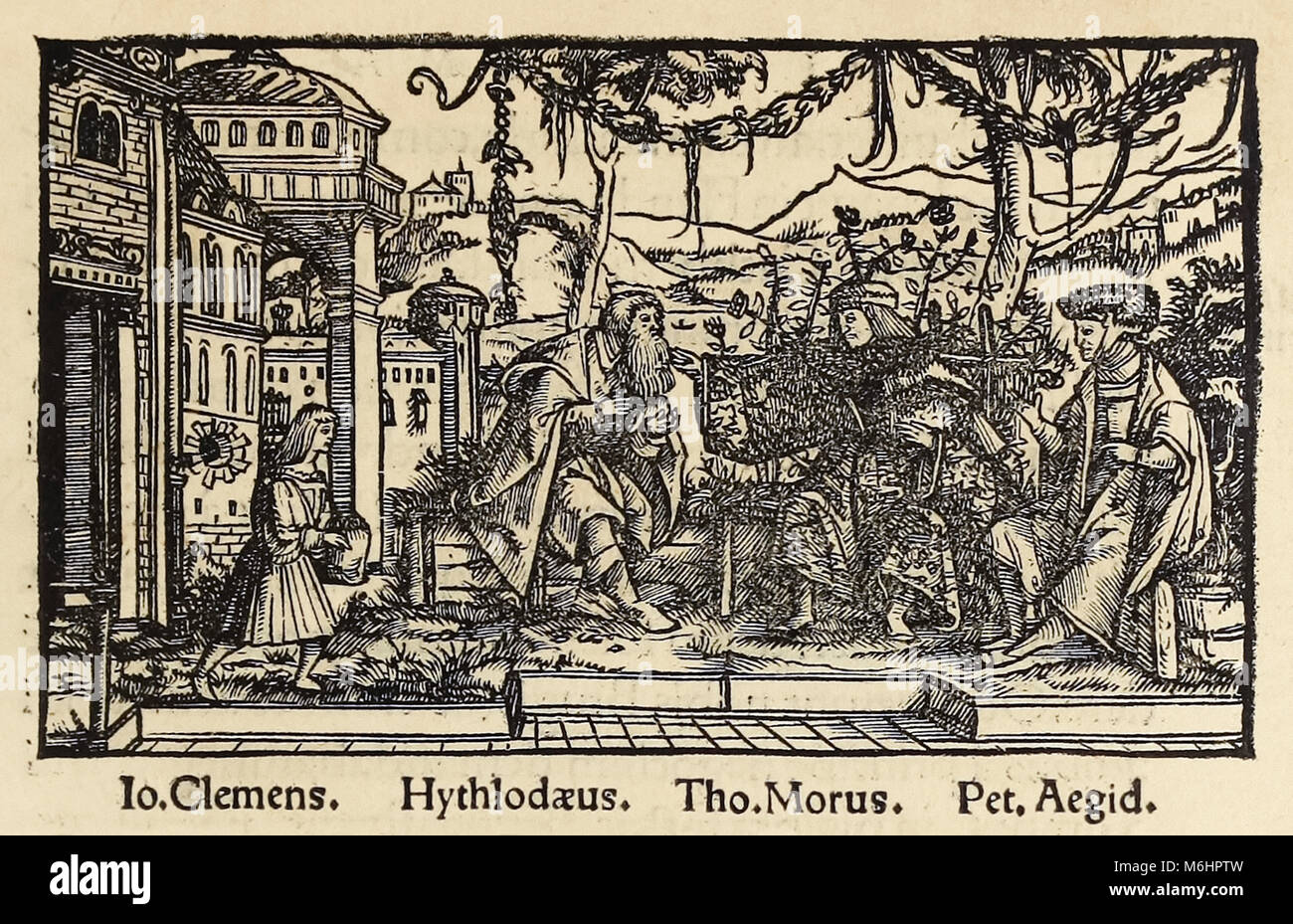 Holzschnitt von 1518 dritte Ausgabe der "Utopie" von Sir Thomas More (1478-1535) in Basel veröffentlichte Übersicht der Autor im Gespräch mit den Protagonisten Raphael Hythloday über die ideale Gesellschaft, die er auf der Insel Utopia gefunden. Holzschnitt von Hans Holbein der Jüngere (1497-1543). Weitere Informationen finden Sie unten. Stockfoto