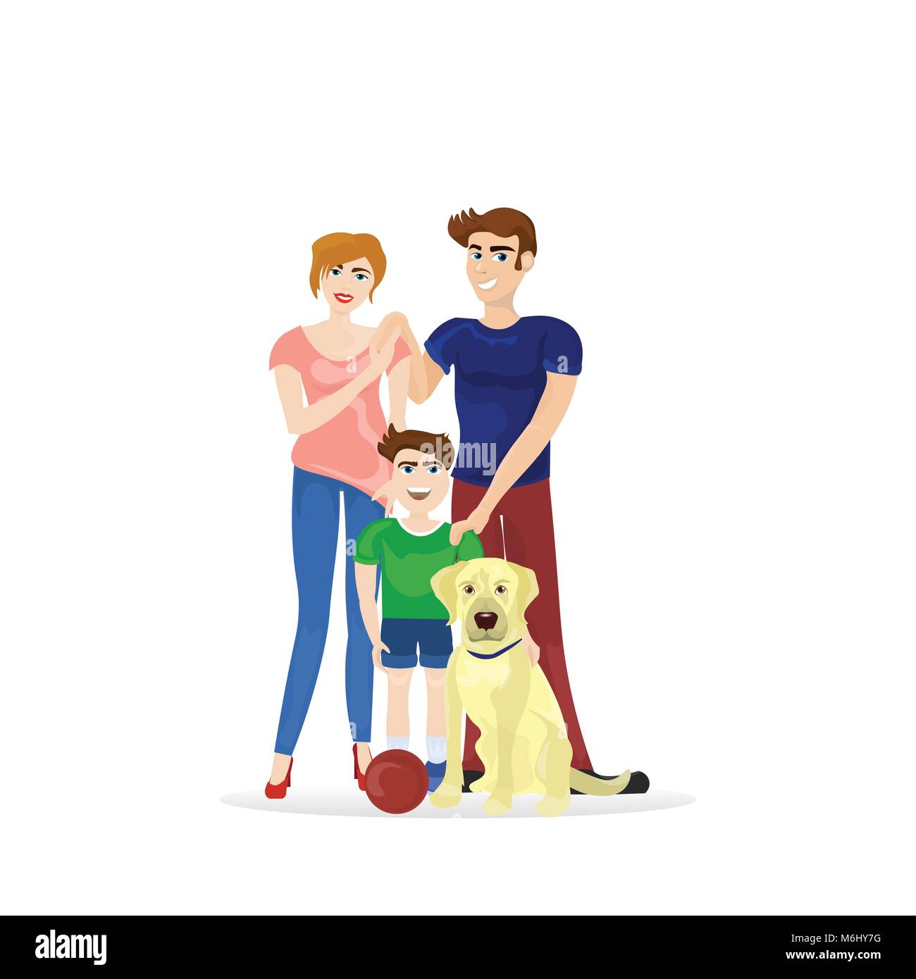 Familie Eltern und Sohn mit Labrador Hund isoliert auf weißem Hintergrund Stock Vektor
